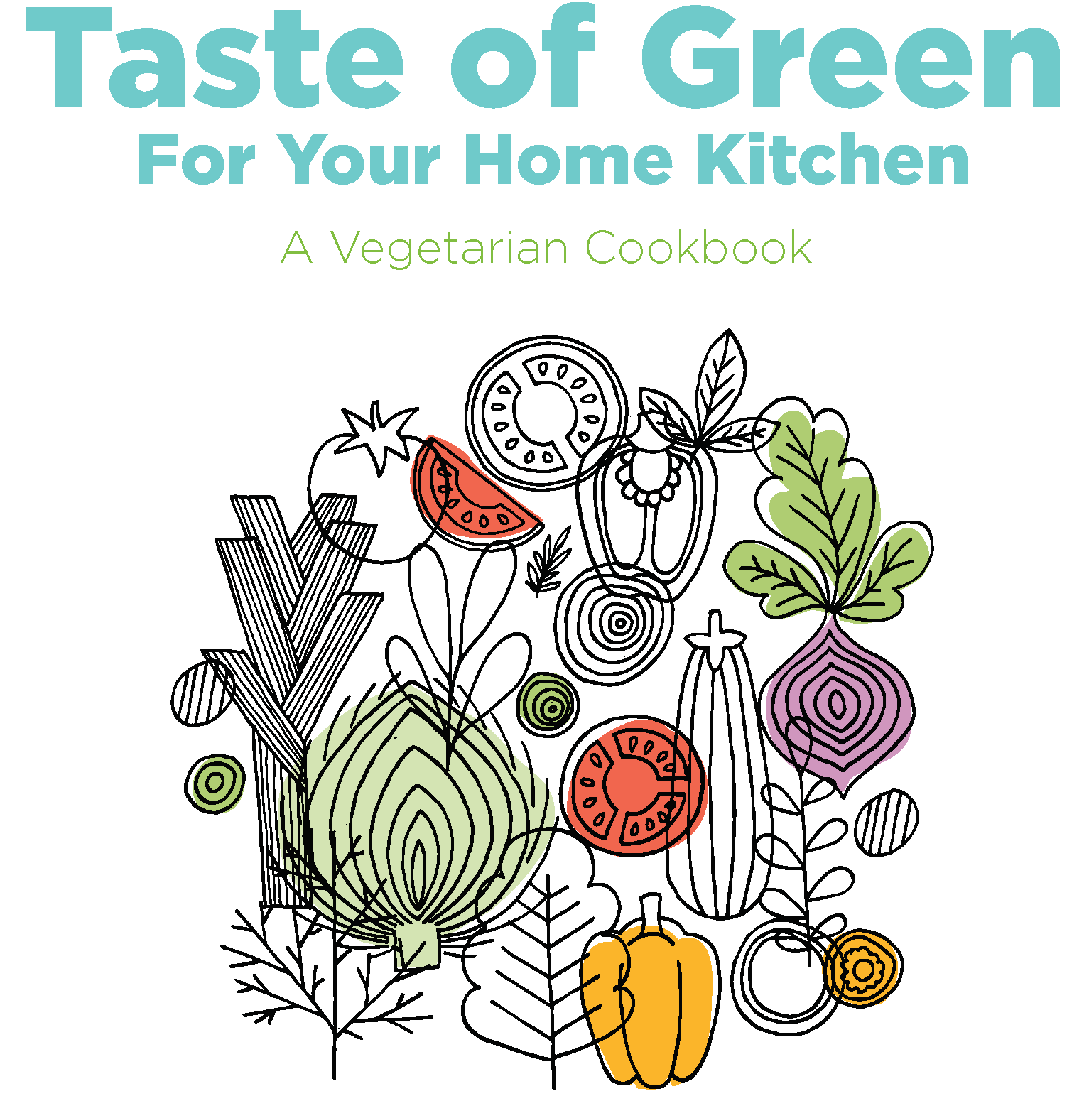 Taste of Green earthday365 Vegetarian Cookbook title page with food stenciled graphics