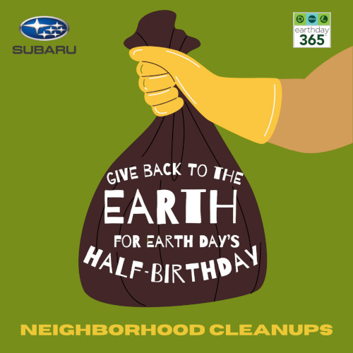Earth Day Half-Birthday graphic with a gloved hand holding a trash bag