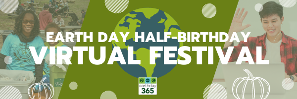Virtual Earth Day Half-Birthday graphic with world behind it and stenciled pumpkins