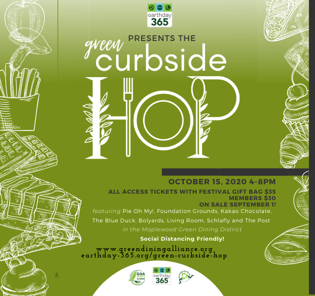 Green Curbside Hop with event info, logos, and sketches of food items on a green background.